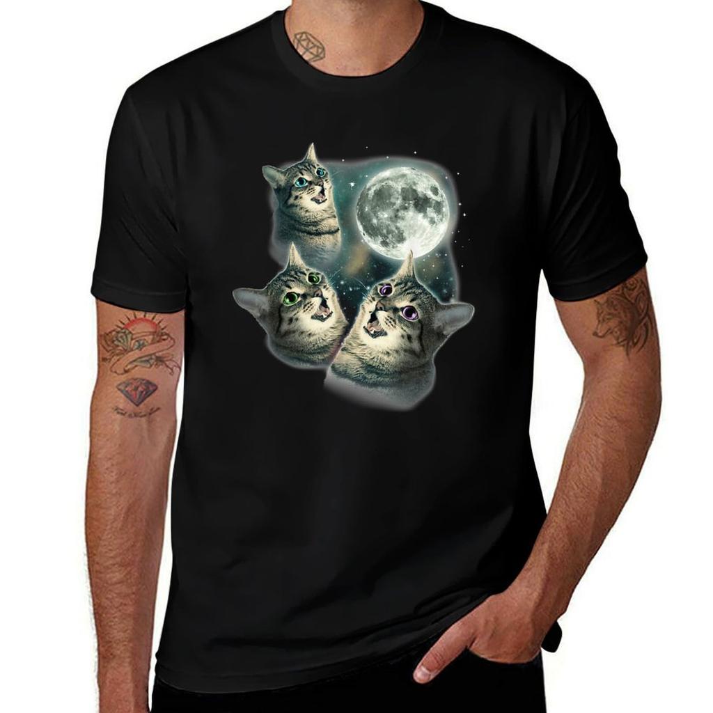 Three Cat Moon 3 Wolfs Cute Kitten Graphic Funny T-Shirt Black
