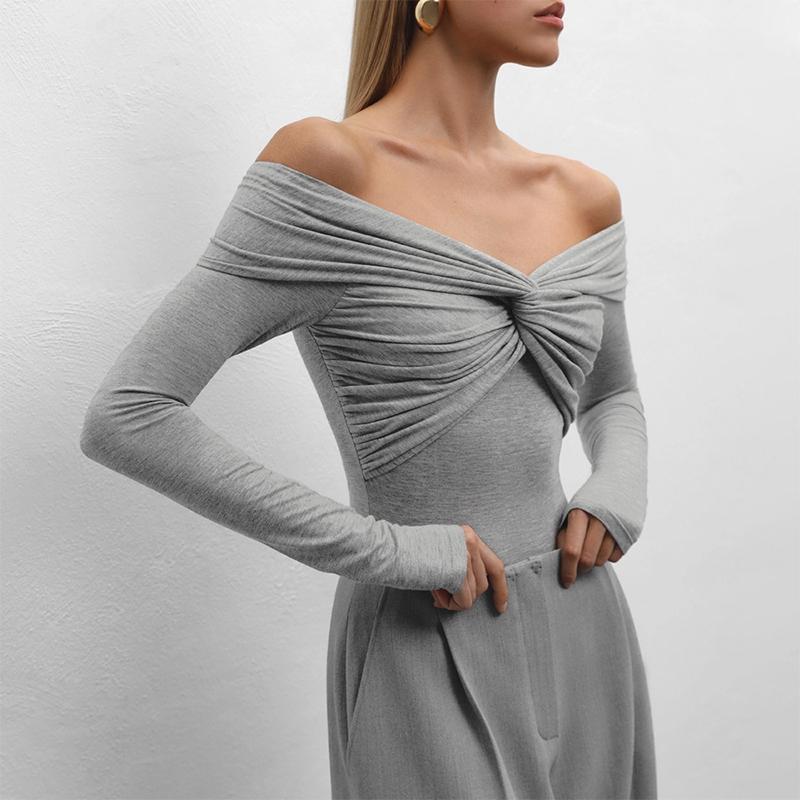 Cămăși cu mânecă lungă cu gât încrucișat pentru femei Sexy cu umăr dezactivat Topuri scurte și subțiri solide Club casual pentru petrecere Tricou bodycon pentru doamne