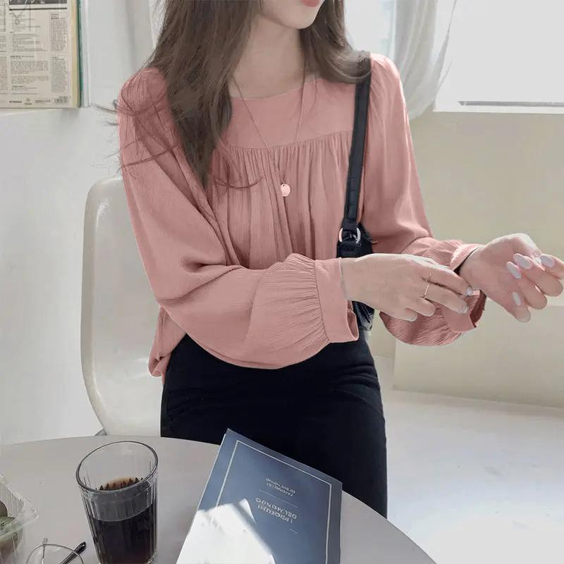 

ZANZEA Женская повседневная блузка с круглым вырезом, однотонная, с длинным рукавом, свободного кроя 5XL розовый