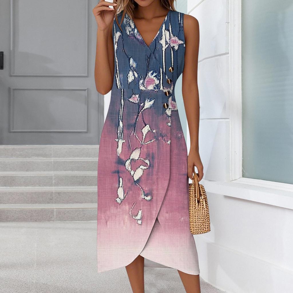 Women's Casual V-Neck Spring/Summer Sleeveless Button Retro Print Dress