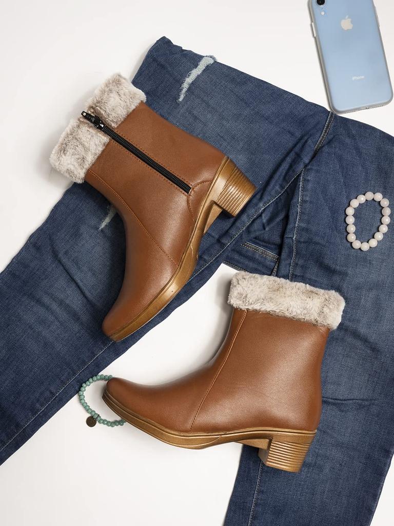 Shoetopia Womens  Chunky Heel Short Booties with Non-Slip Sole, Comfortable Trendy Ankle Boots | Soft Cushioned Sole | Casual, Party & Winter Wear
