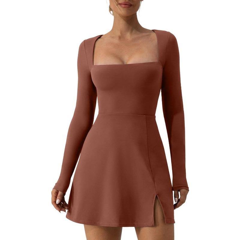 Women's Dress Plus Size Square Neck Long Sleeve Slit Flare Mini Dresses