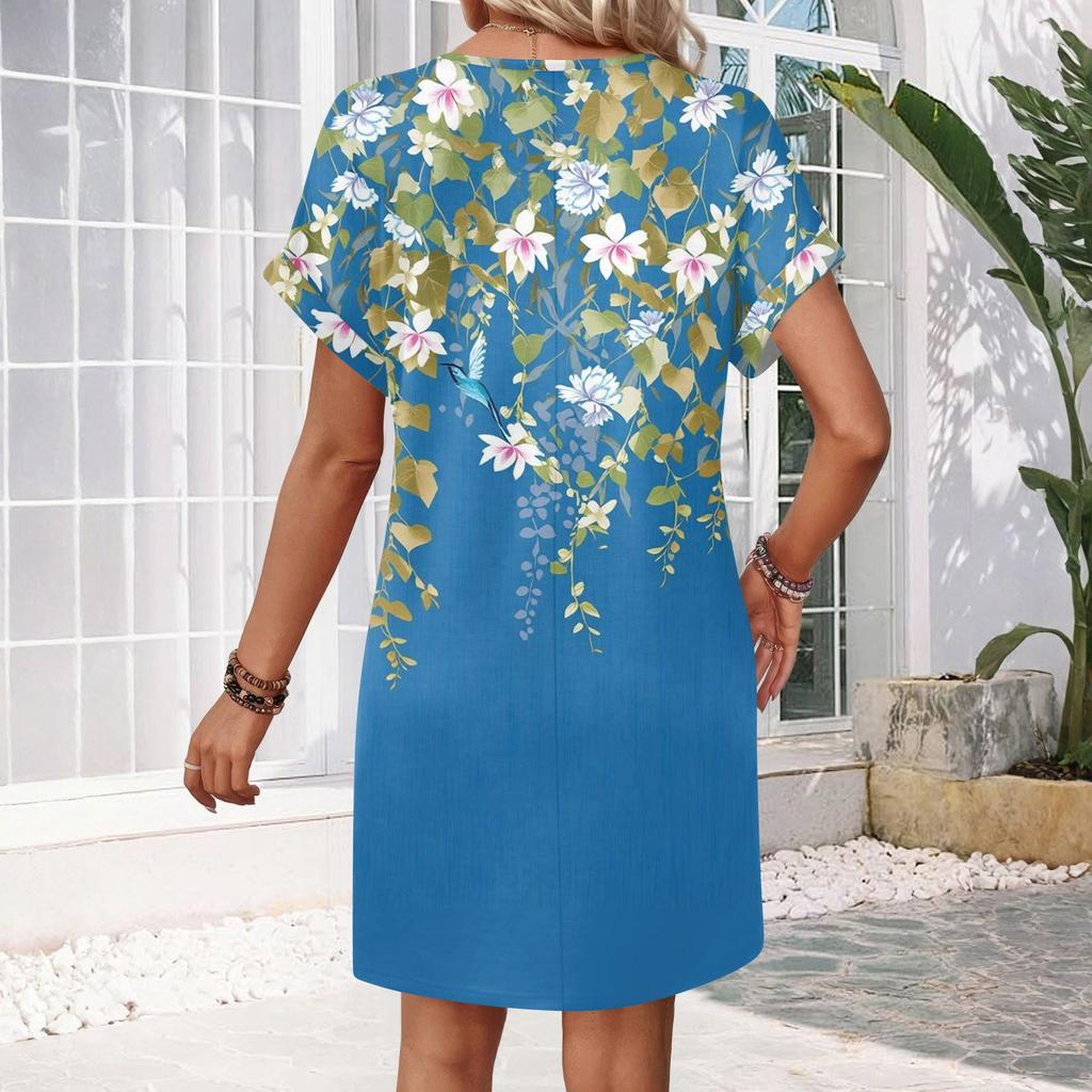 Kurzarm Damenkleid Lässige Kleider Mit Taschen V-Ausschnitt Urlaubs Boho Strand Sommerkleid