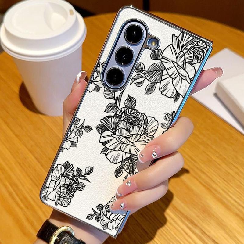 Line Flower Pattern Case For Samsung Z Fold 7 6 5 Luxury Hybrid 3in1 Leather Skin Plating Folding Phone Cover For Samsung Z Fold7 Fold6 Fold5
