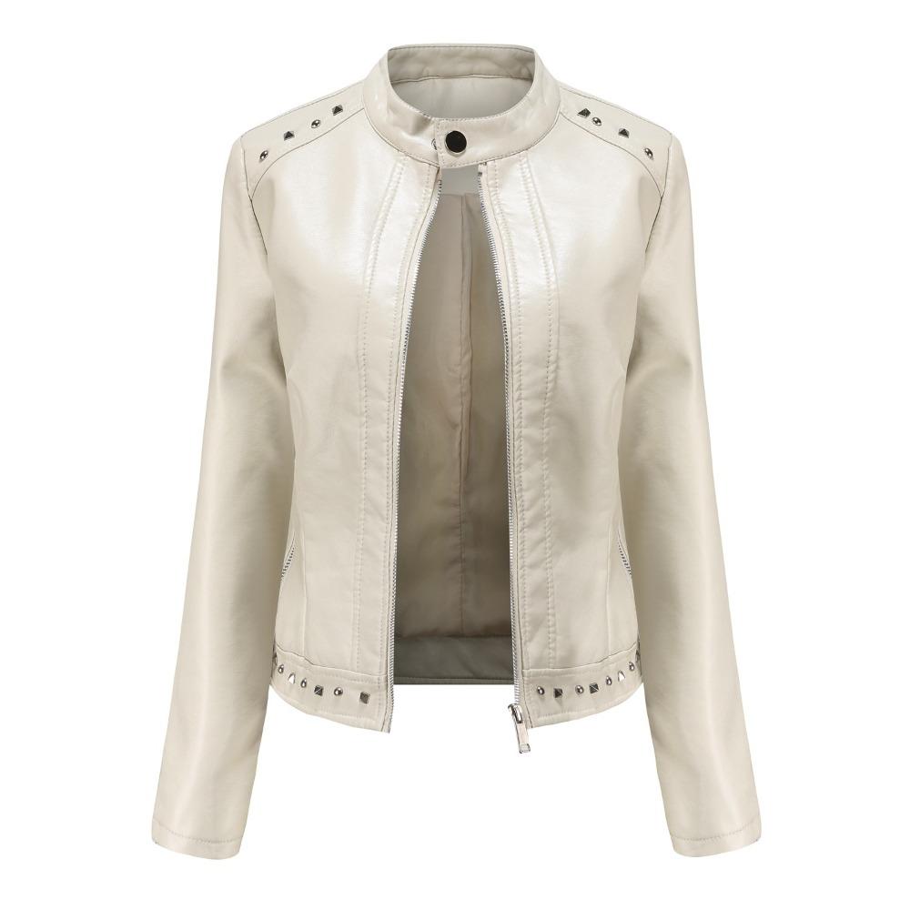 New Rivet Fashion Stand Collar Leather Coat Women's Solid Color Casual Jacket Women's Spring and Autumn Coat Women's Clothing
