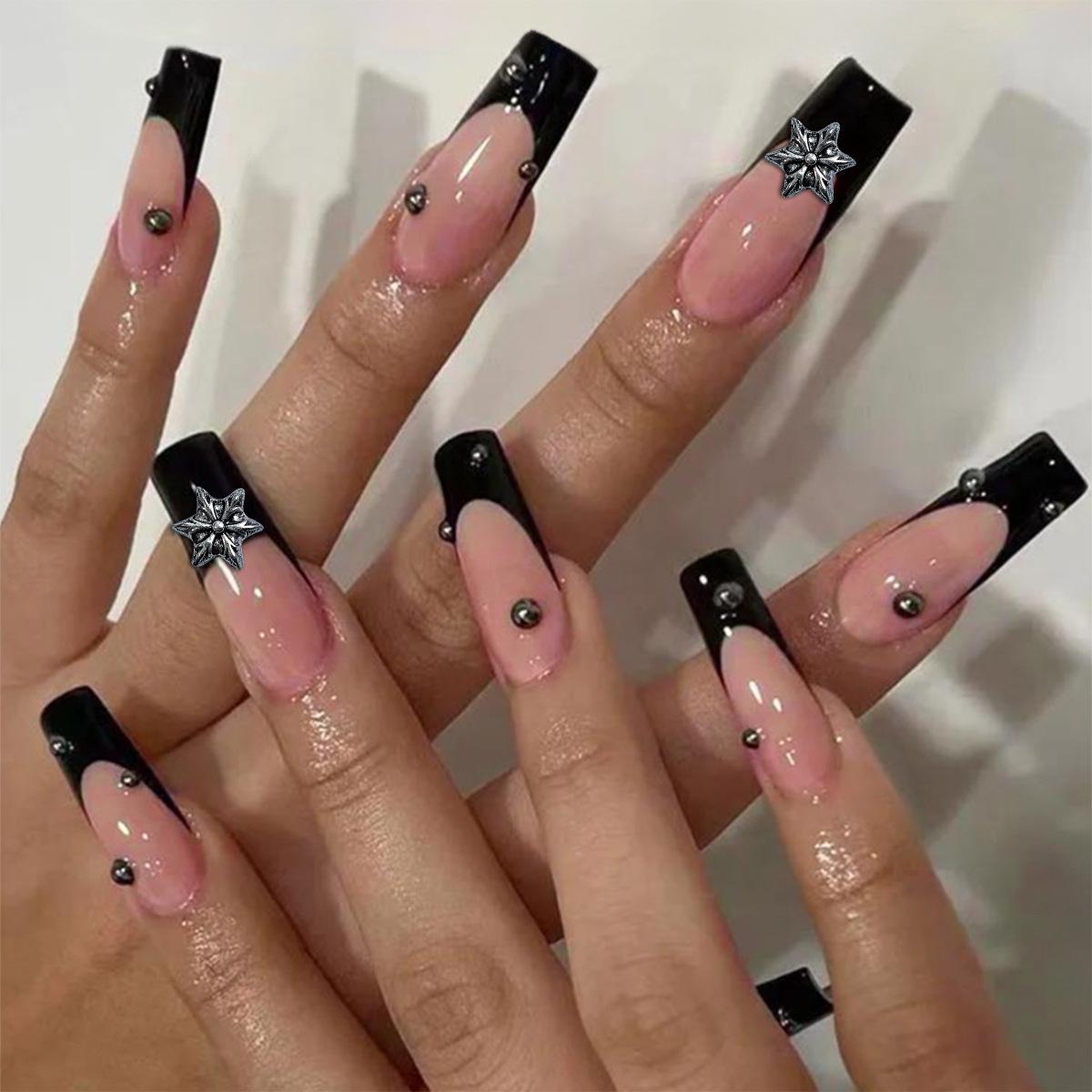 

European & American Extra Long Dark Diamond Star French Nail Tips
