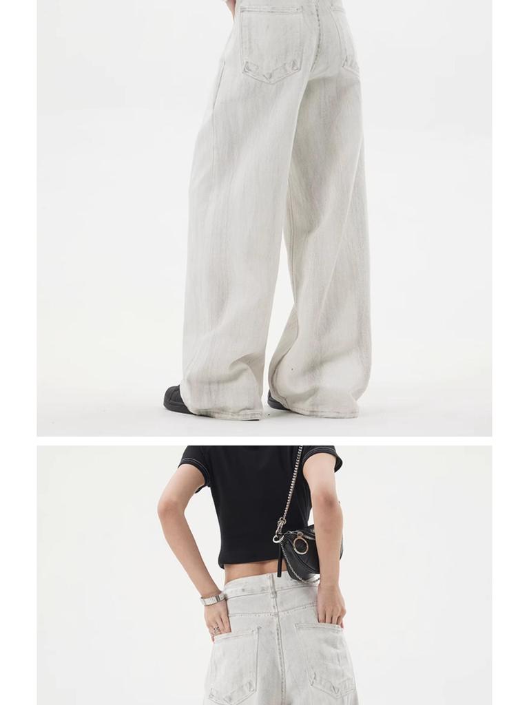 2025 Unisex Distressed Washed Wide-Leg White Gray Jeans - Casual Loose Fit