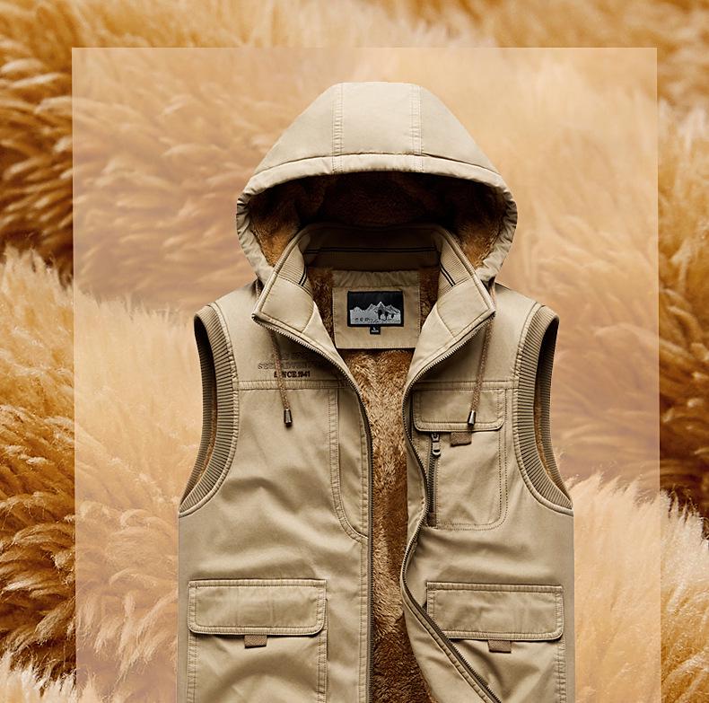 Men's Casual Fleece-Lined Cotton Vest with Shawl Collar & Multi-Pocket Design