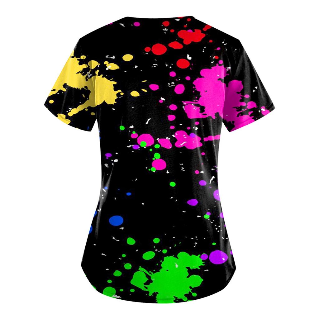 Plus Size Cute Printed Scrub Working Uniform Tops For Women  V-Neck Short Sleeve Fun T-Shirts Workwear Tee With Pockets