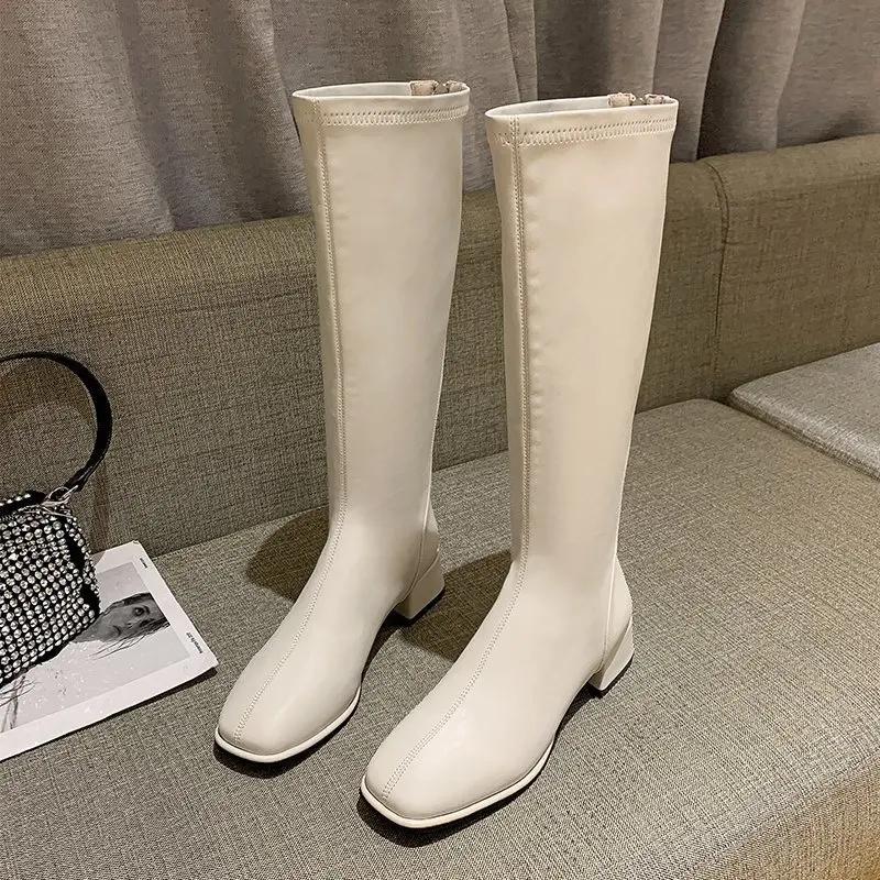 Fashion Comemore Thick Low Heel Knight Knee Boots Women Elegant Shoes Solid Color Spring Autumn Soft Leather Long Botas Large Size 43