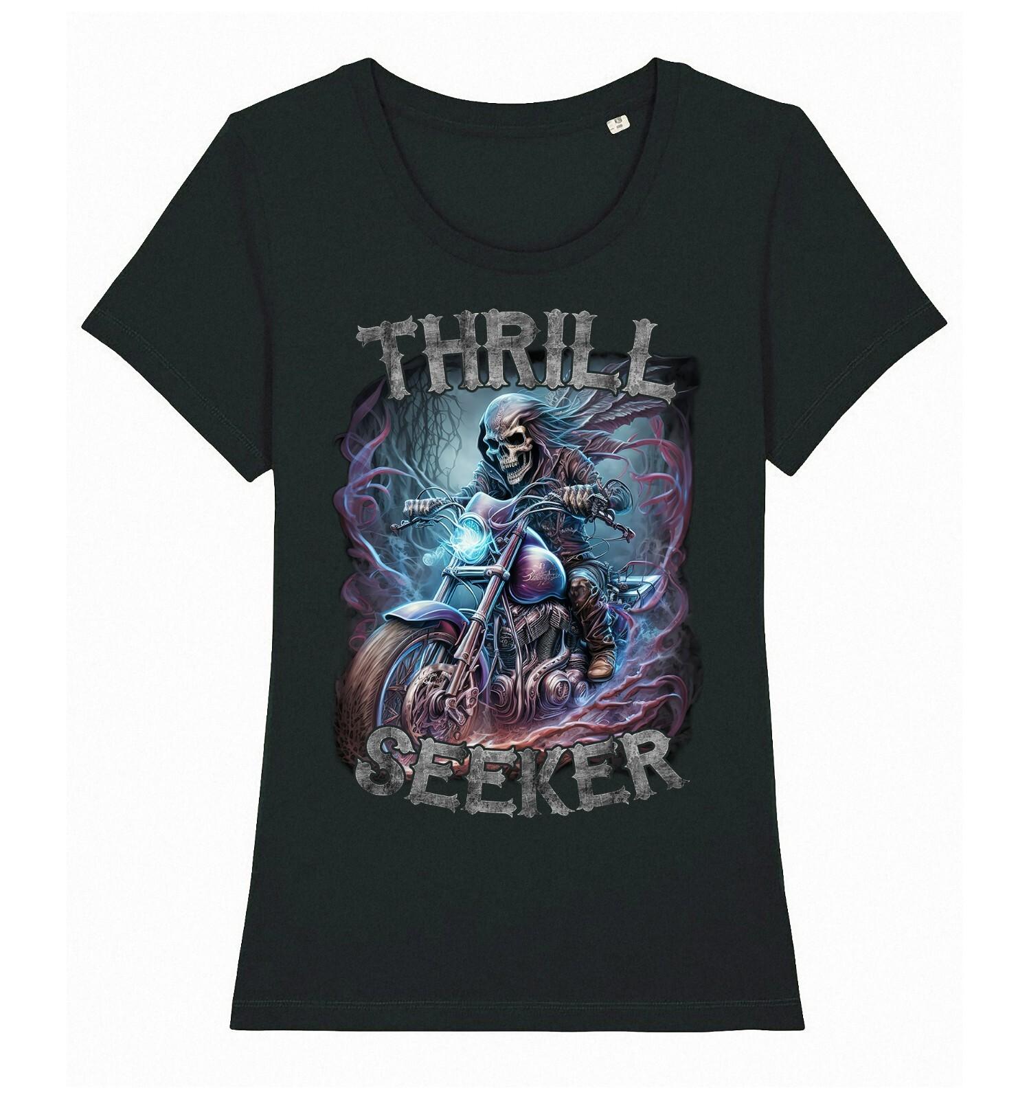 Womens BIKER T-Shirt Mens Womens Tees Top Thrill Seeker SKELETON Motorcycle Bike Motorbike Gothic 2XL