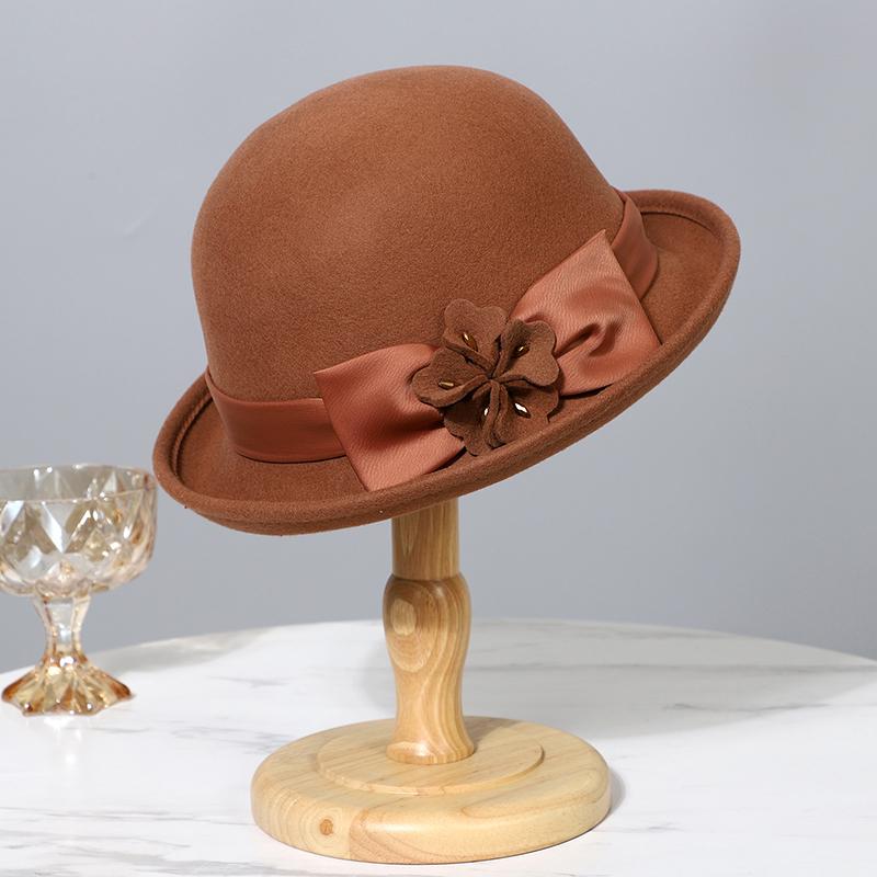 2025 New Winter Curl Brim Wool Fedora Hats For Women Elegant Bow Flower bucket hat Hat Vintage Formal Fascinator Cap Mujer