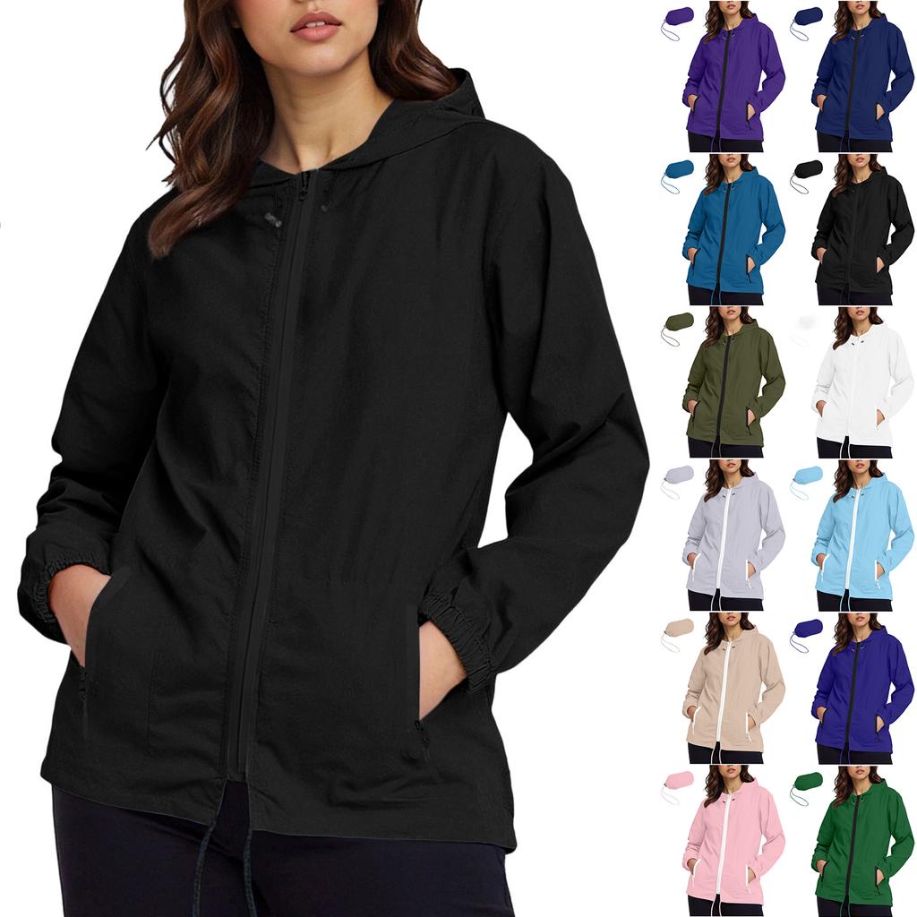 Women's Fashionable Casual Classic Plus Size Lightweight Zipped Long-Sleeved Hooded Jacket Foldable Outerwear With Packable Storage Pouch