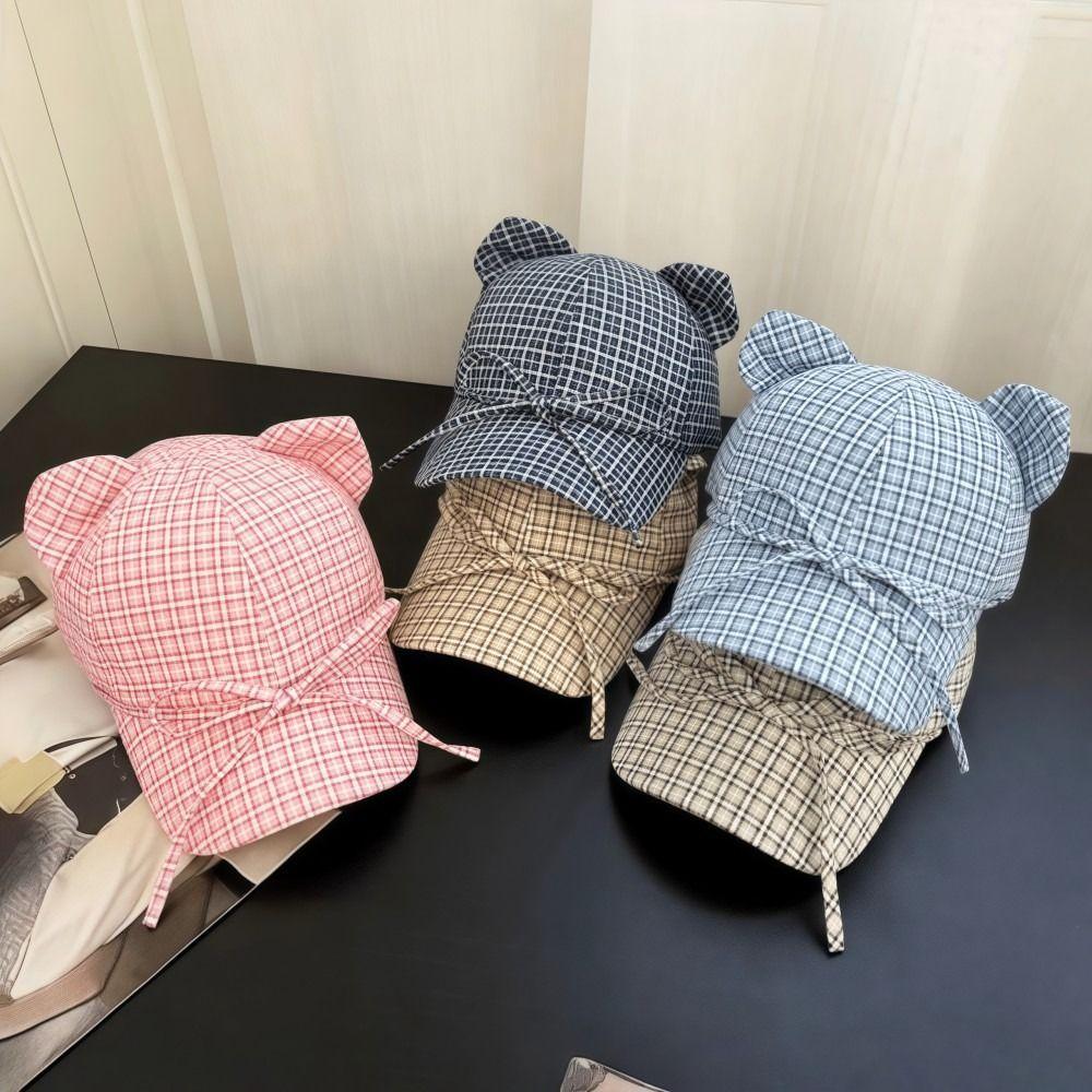 Fashion Cat Ears Baseball Cap Plaid Bow Tie Style Peaked Cap Breathable Simple Sun Hat Unisex Outdoor