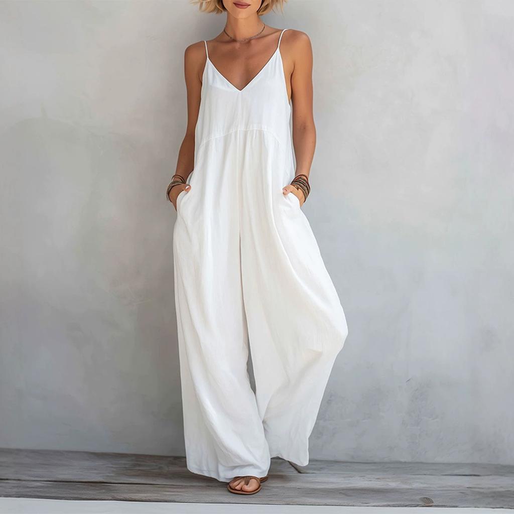 Damen Ärmelloser V-Ausschnitt Weiter Bein Lockerer Jumpsuit Lässiger Sommer-Strampler mit Taschen Leichtes Bequemes Design