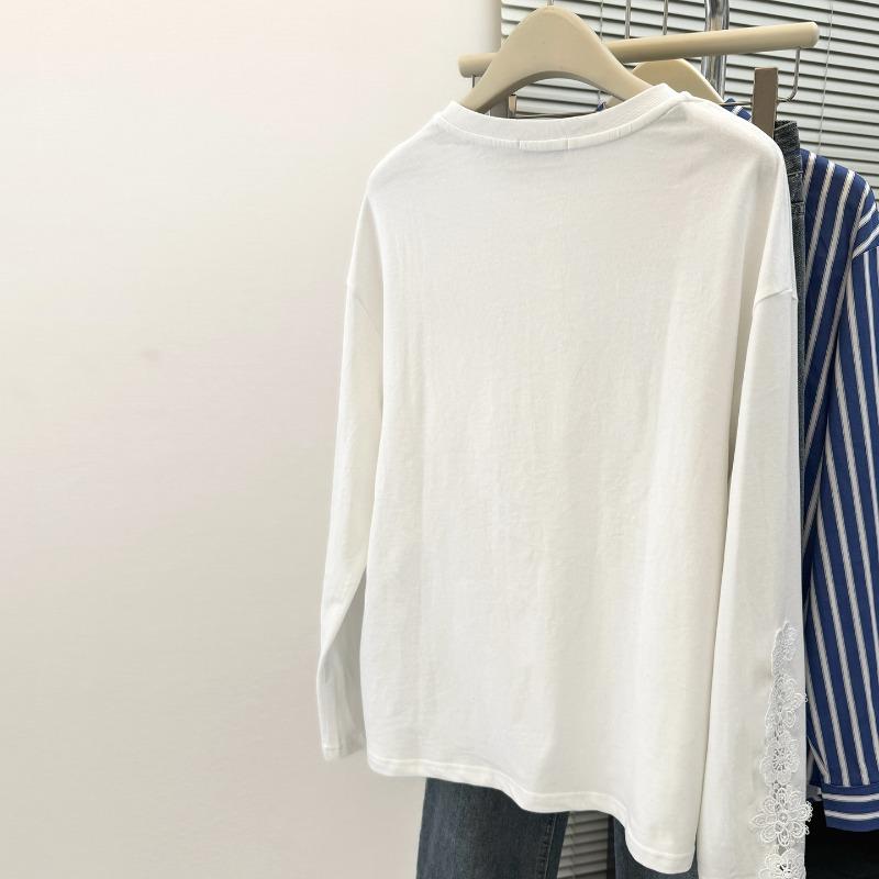 White cotton pocket lace embroidered splicing long-sleeved T-shirt women's loose crew neck top