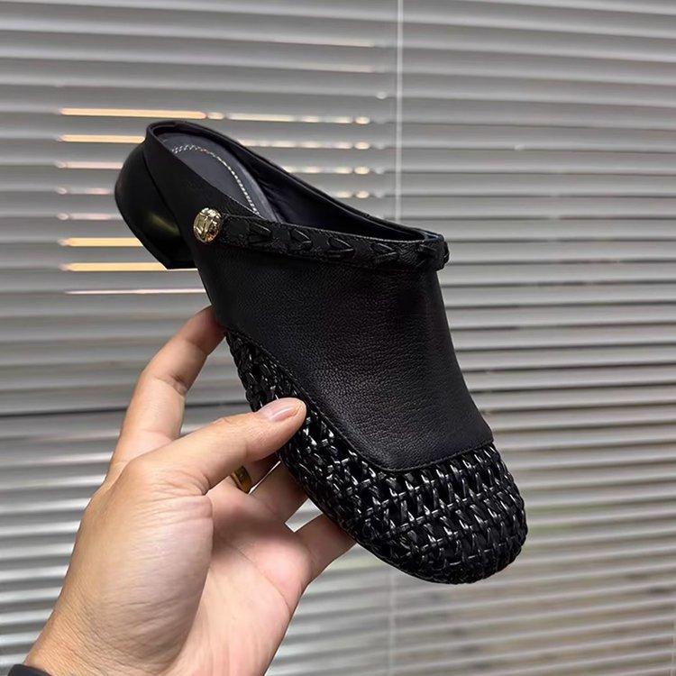 

Soft leather version~ Summer breathable woven half slippers women s fashion outer wear versatile round head two wear thick heel leather slippers women 35