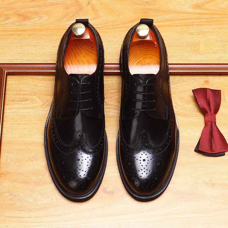 British Style Men's Round Toe Brogue Leather Shoes - Thick-Soled Casual Wedding Groom Shoes