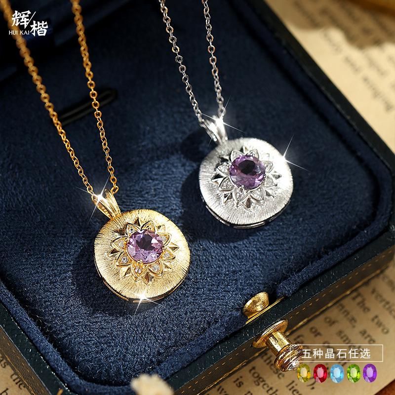 S925 Sterling Silver Necklace with Natural Crystal Pendant Retro French Style Chain for Women