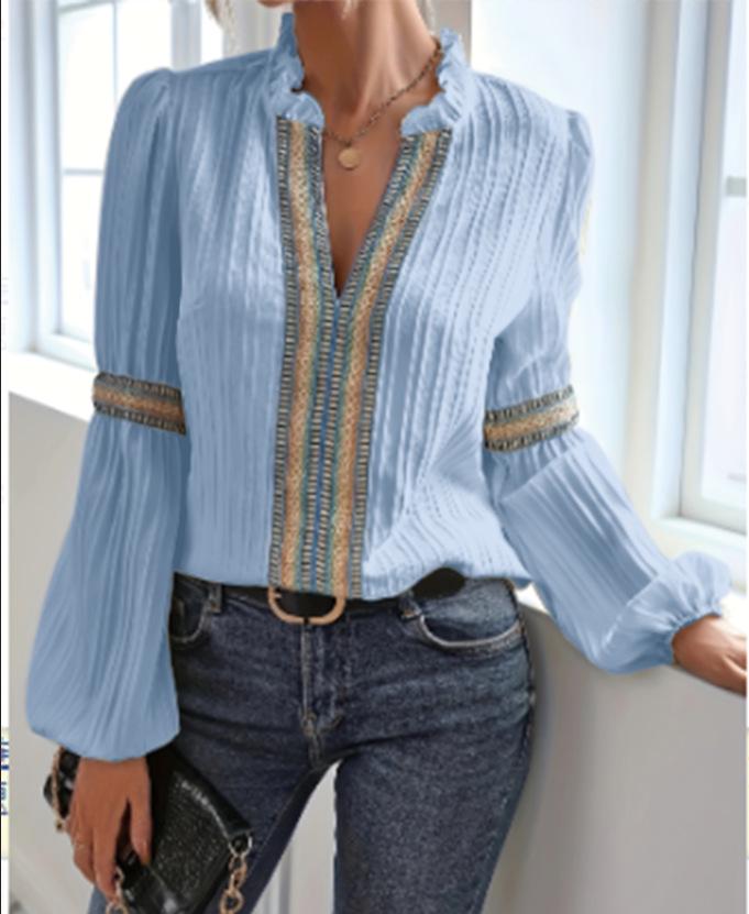 

2026 European & American Fashion: Solid Color Lace-Trimmed Lantern Sleeve V-Neck Women s Blouse M небесно-голубой