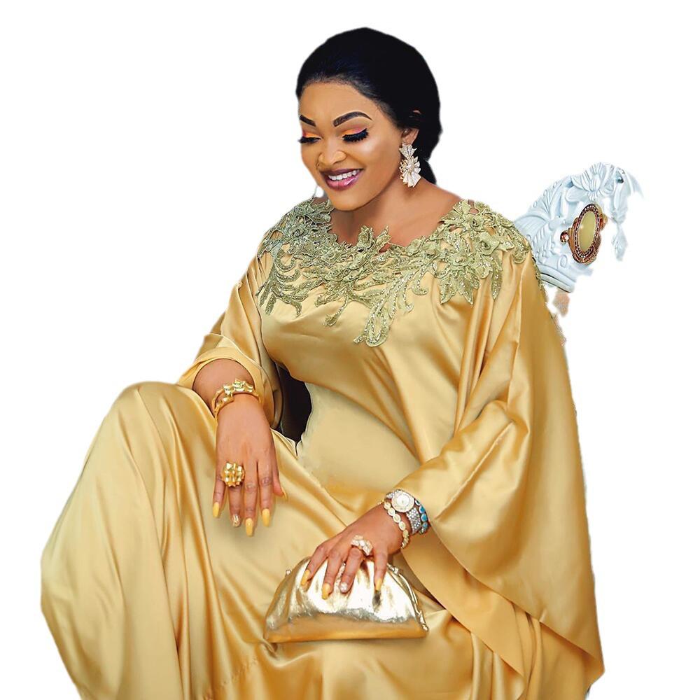 African Women's Long Silk Dress with Diamond Lace and Round Neck