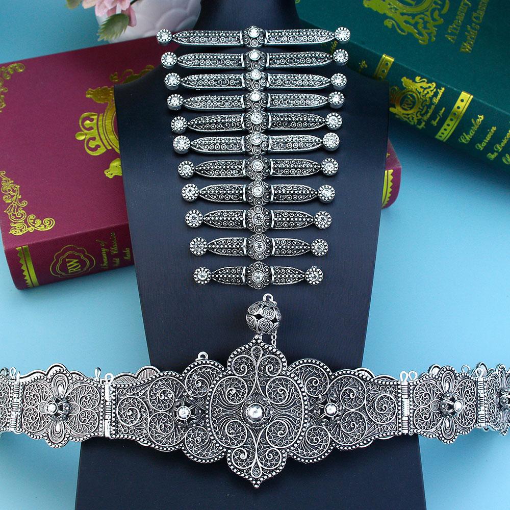 Slavic Caucasus Bride Jewelry Set For Women Crystal Dress Belt Breastplate Set Antique Silver Color Turks Belt
