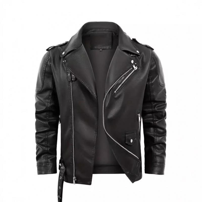Men Pu Leather Motorcycle Jacket Multi Zipper Belt Hip Hop Biker Casual Outerwear