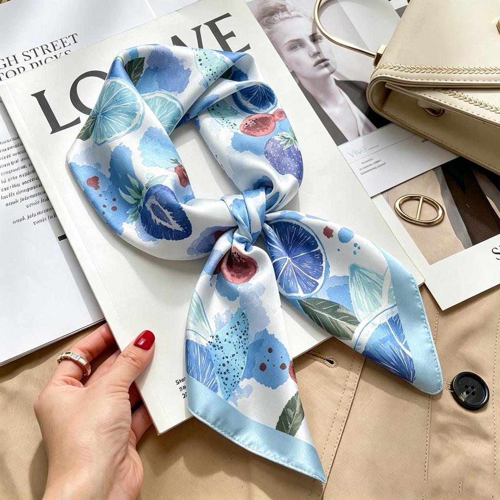 Commuter elegant flower silk scarf women's contrasting color retro printing satin scarf shirt with multi-purpose decorative small scarf