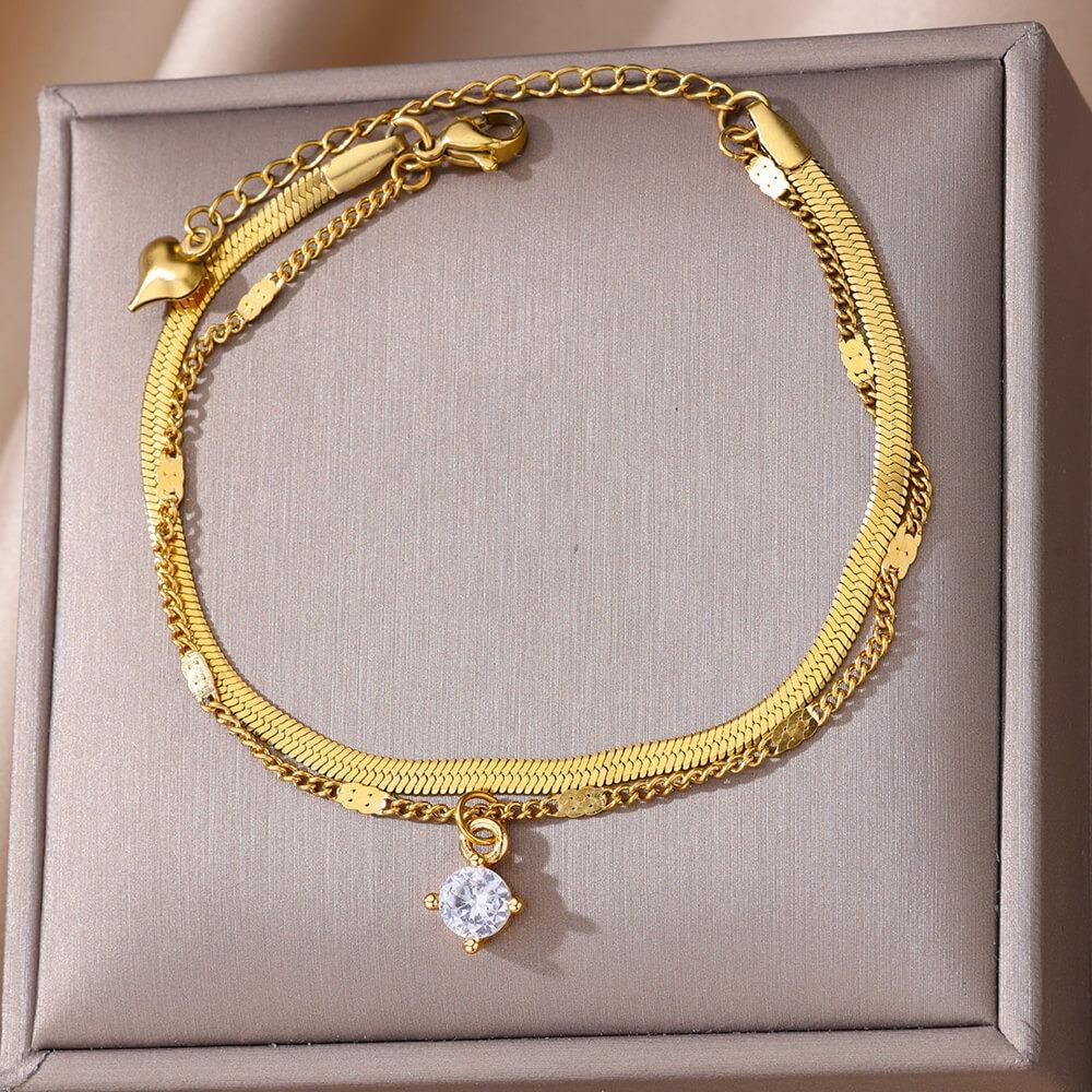 Cross Stainless Steel Cross Anklet Golden Zircon Cross Anklets Double Layered Ankle Chains  Woman