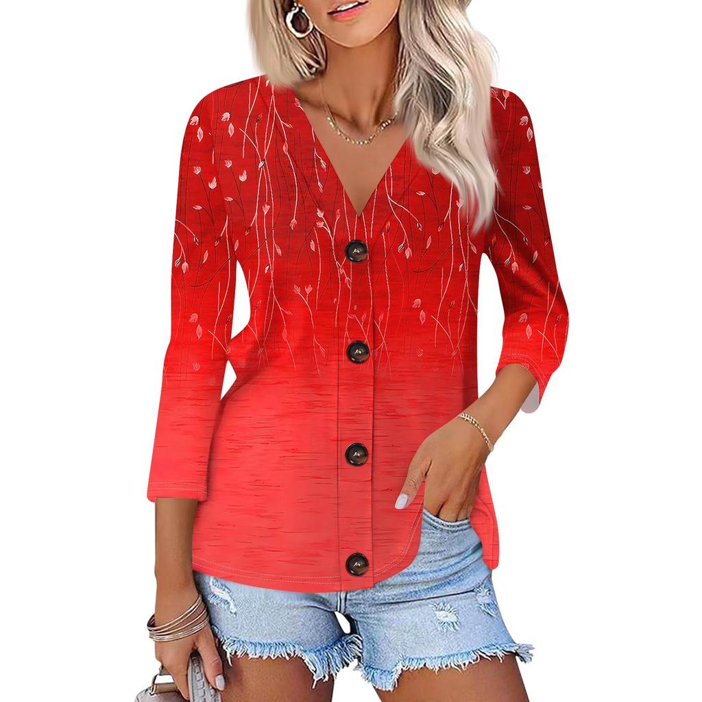 Women's Fashion Casual  Print Button-Down Shirt Three-quarter Sleeve Cardigan Top