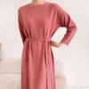 New Arrivals Open Run Women Long Dress Solid Color Round Neck Basic Waist Strap