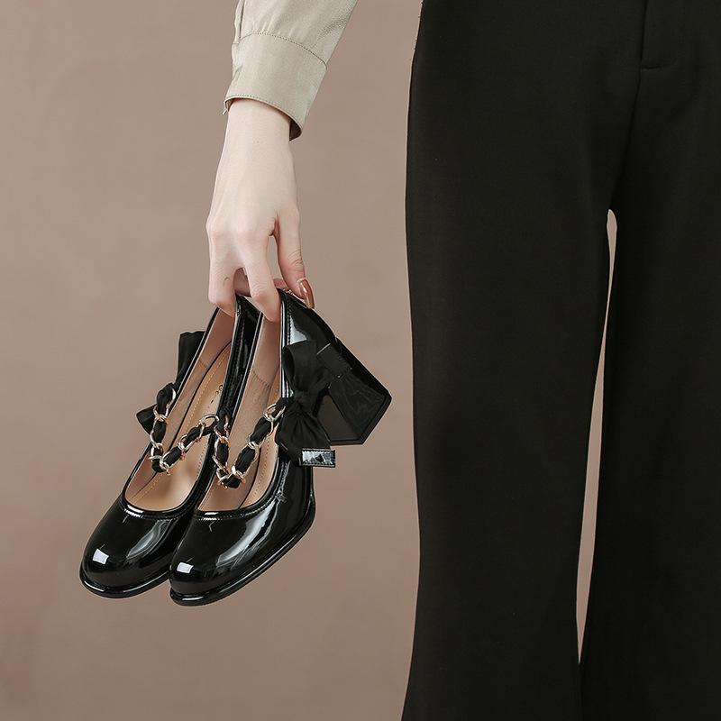 

Leather flat for Huizhou women s shoes Su Yinyin same Mary Jane shoes high heel Korean version new single shoes thick heel 33 чёрный