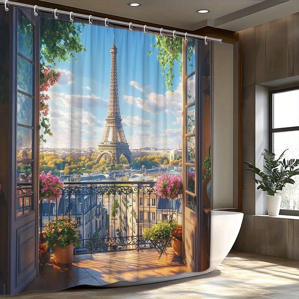 

Parisian Eiffel Tower Shower Curtain - Wrought-Iron Balcony & Floral Design,Scenic Blue Sky & White Clouds,Romantic Architecture W90xH180cm
