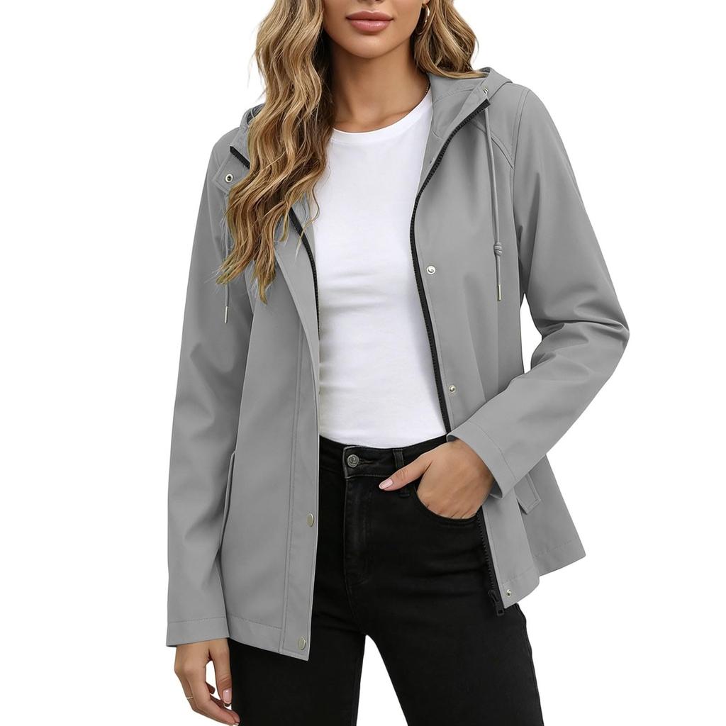 Wasserdichte Winddichte Kapuzenjacke für Damen mit durchgehendem Reißverschluss, Leichter atmungsaktiver Outdoor-Regenmantel, Shell mit verstellbarer Kapuze und Taschen