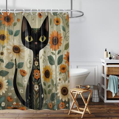 1PC Watercolor Cats and Sunflowers Printed Shower Curtain, Waterproof, Washable, with 12 Hooks, Bathroom Shower, Home Use