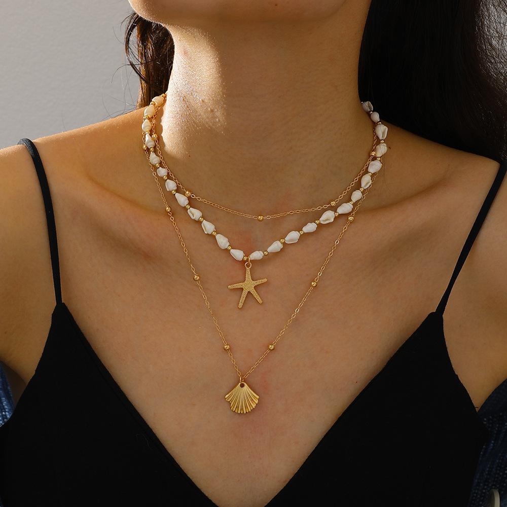 European Ocean Style Faux Pearl Clavicle Chain, Multi-layer Stackable Necklace with Starfish & Shell Pendants
