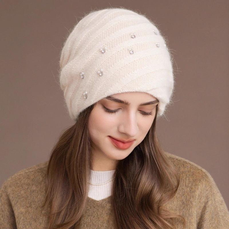 Women S Double Layer Knit Hat Warm Winter Beanie Pearl Glitter Rabbit Hair Blend