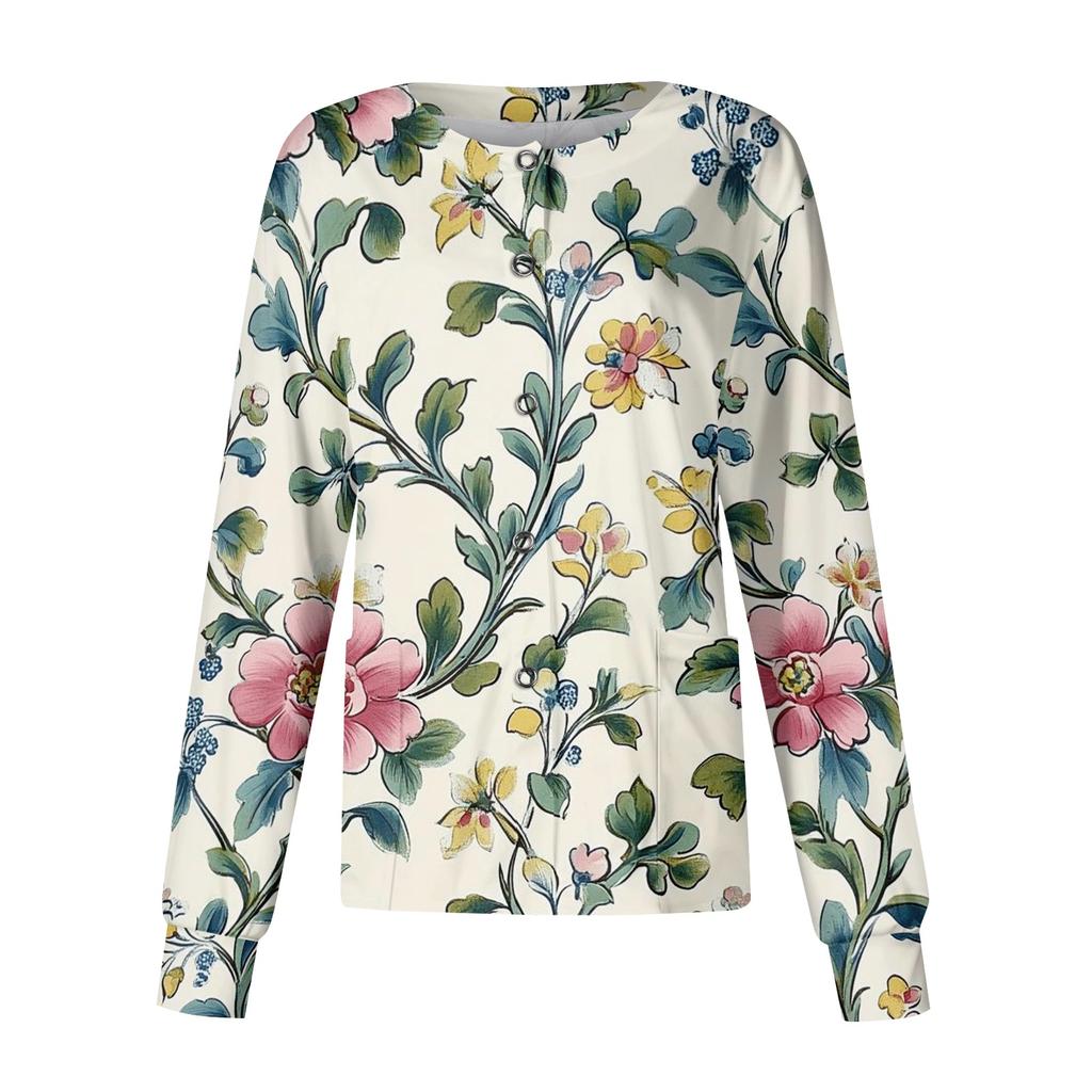 Women Casual Long Sleeve Single Breasted Floral Print Cardigan Button Down Top for Work or Everyday Wear Lightweight Layering Shirt