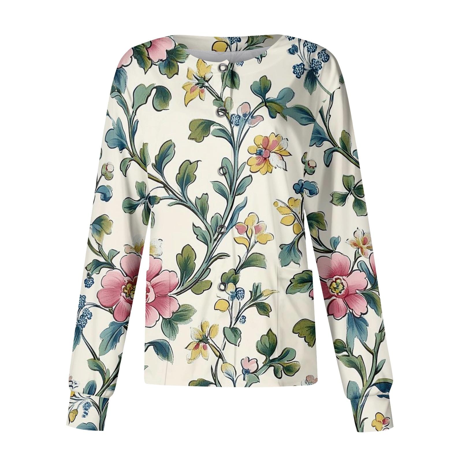 Women Long Sleeve Button Front Floral Print Medical Scrub Jacket Lightweight Comfortable Fit Nursing Workwear Top L