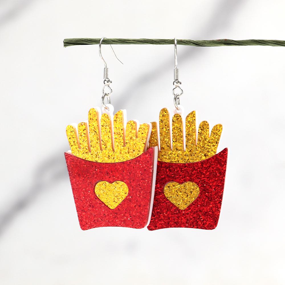 Funny Mirrored Acrylic Hamburger Drop Earrings for Women Fashion Glitter French Fries Food Dangle Earring Party Jewelry Gifts