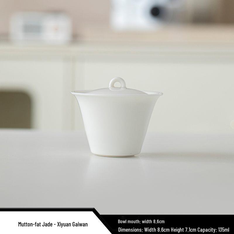 Premium White Porcelain Yangzhi Jade Kung Fu Tea Set with Three-Talent Lid Bowl, Gong Dao Bei, Tea Sea, and Customizable Tea Cups.
