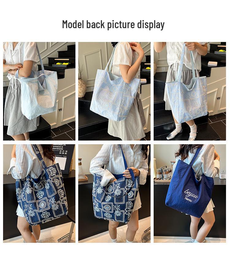 Women's Trendy Korean-Style Embroidered Nylon Tote: Large-Capacity Casual Commuter Shoulder Bag.