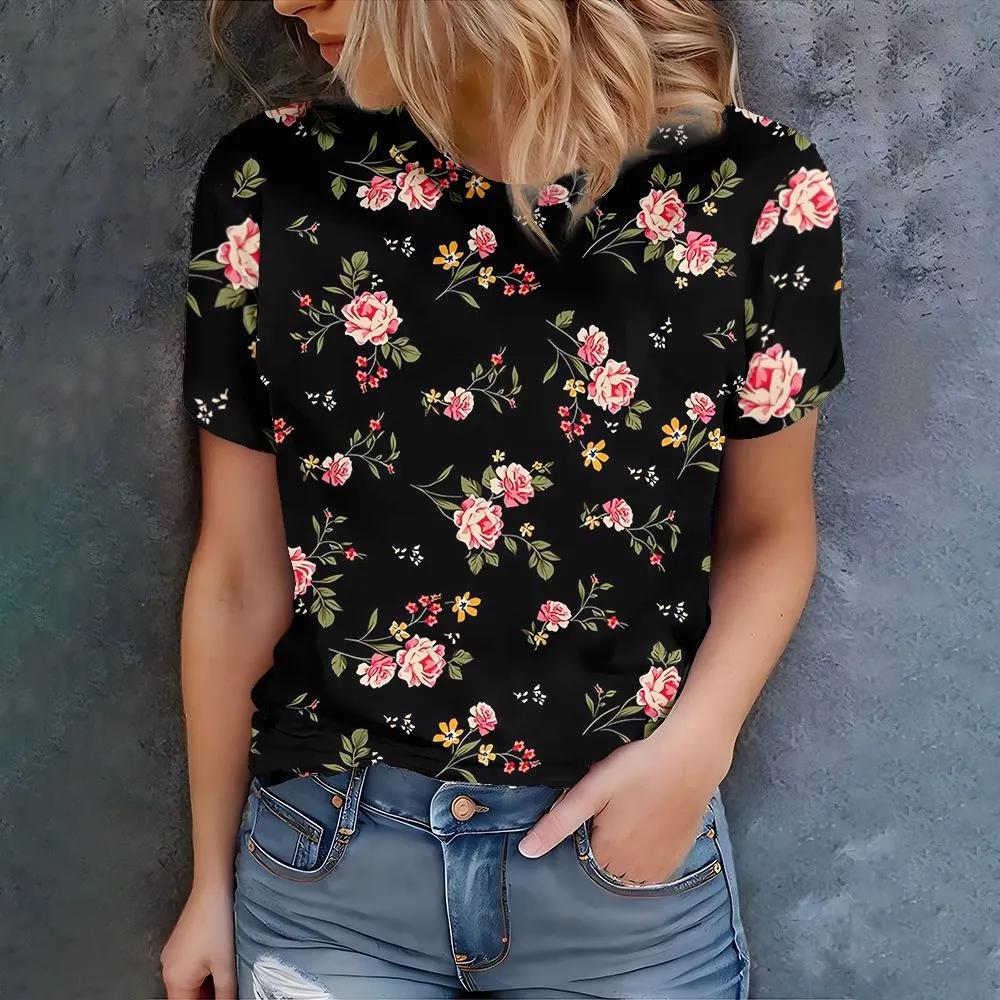 Women s Flower Print T-Shirt Fashion Versatile Short Sleeve Top Comfortable Daily T-Shirts Women’s XS