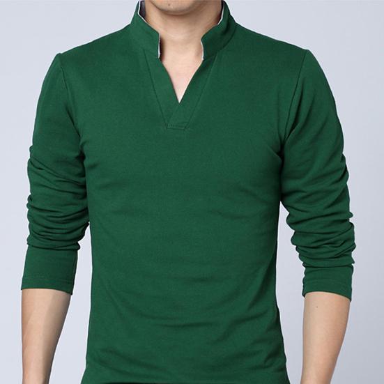Men T-shirt Solid Color Long Sleeve V Neck Slim Pullover Top for Spring