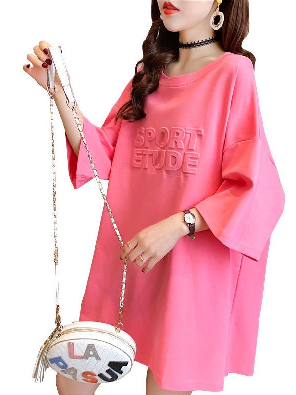 Women's European-Style Oversized 3D Letter T-Shirt with Round Neck & Half Sleeves for Summer 2026