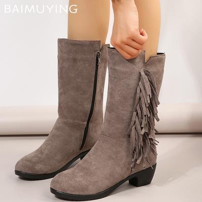 Suède Dikke Dames Hoge Laarzen Designer Kwastjes Middelhoge Hakken Retro Halve Kuit Schoenen Nieuw Merk 2025 Trend Pumps Winter Botas De Mujer