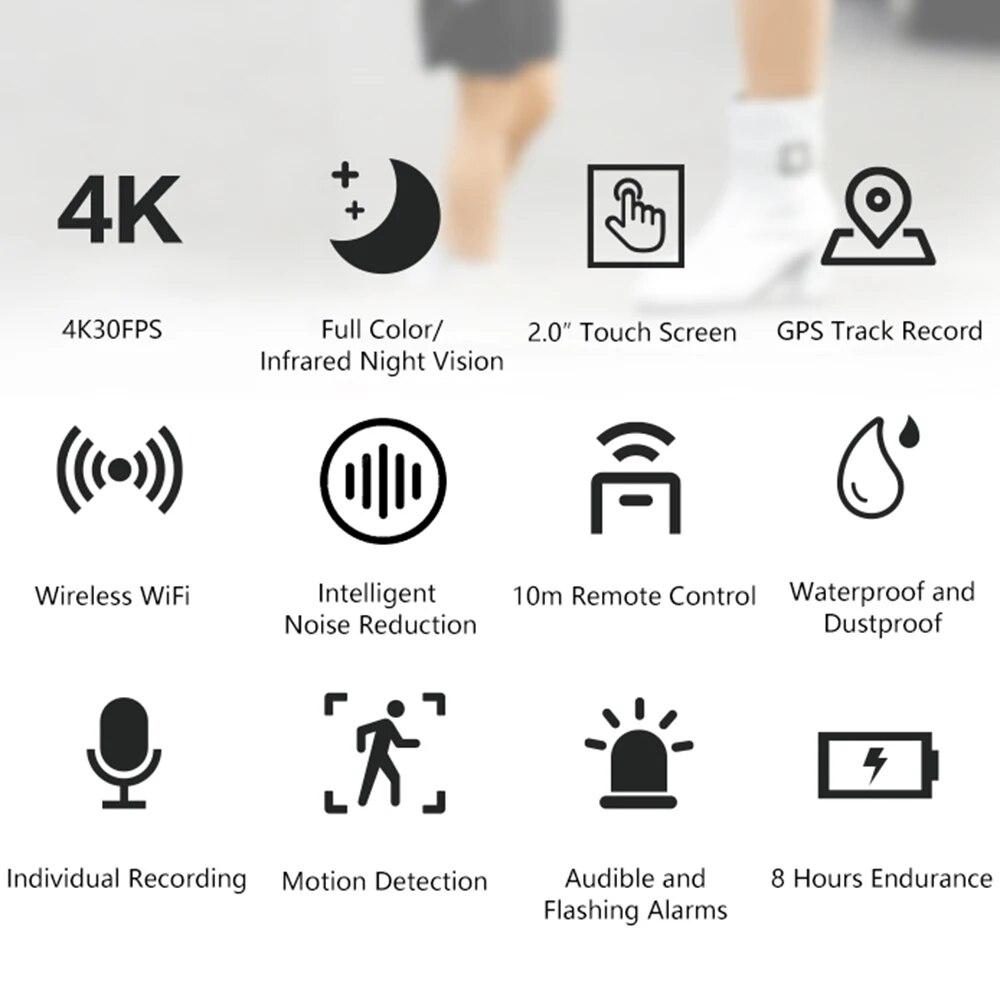 4K Wearable Body Camera, WiFi Action Camera, Night Vision, Waterproof, 2.0-inch IPS Touchscreen