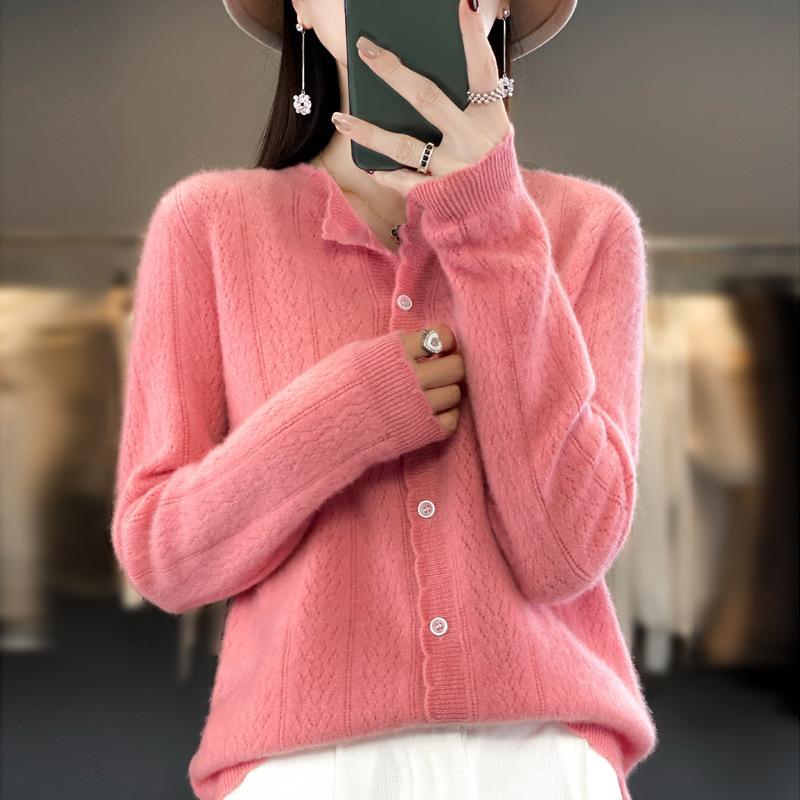 New Autumn and Winter Knitted Slimming Wheat Ear Fashionable Knitted Sweater for Women, Round-neck Long-sleeved Cardigan
