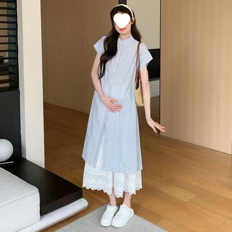 Japanese Summer Striped Shirt Dress & Lace Skirt Two-Piece Set
