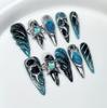 10pcs Stiletto Almond Press On Nails Dark Blue Cat Eye Y2K False Nails With 3D Design Artificial Detachable Full Cover Nail Tips
